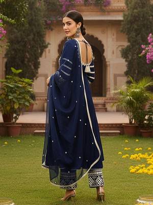 women navy blue silk blend solid embroidered anarkali kurta palazzos with dupatta 4