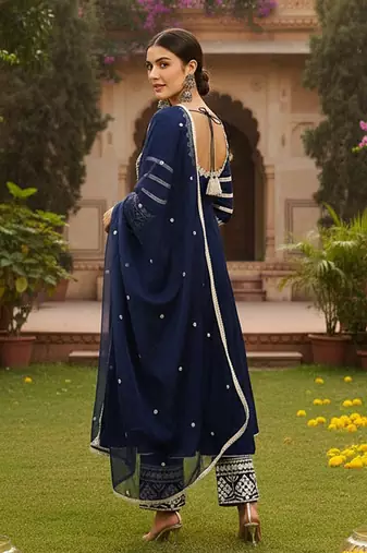 women navy blue silk blend solid embroidered anarkali kurta palazzos with dupatta