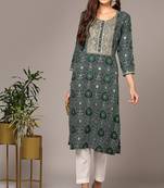 Women green printed rayon ethnic kurti