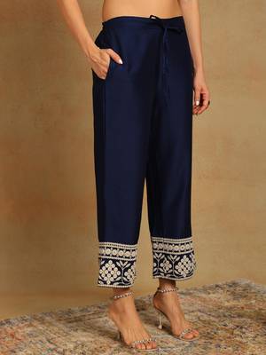 women navy blue silk blend solid embroidered anarkali kurta palazzos with dupatta 5
