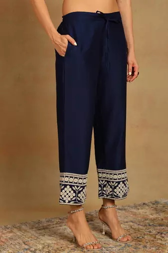 women navy blue silk blend solid embroidered anarkali kurta palazzos with dupatta