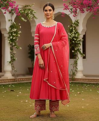 women pink silk blend solid embroidered anarkali kurta palazzos with dupatta 1