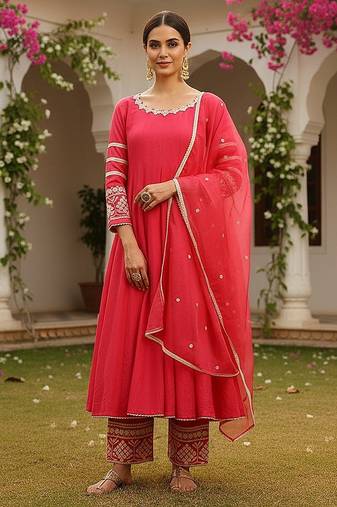 women pink silk blend solid embroidered anarkali kurta palazzos with dupatta