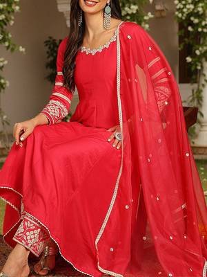 women pink silk blend solid embroidered anarkali kurta palazzos with dupatta 2