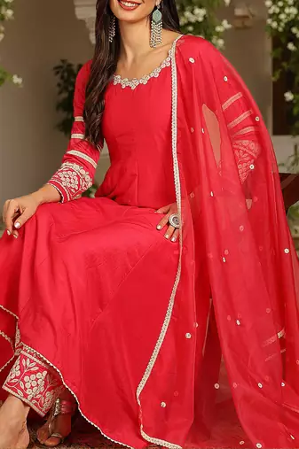 women pink silk blend solid embroidered anarkali kurta palazzos with dupatta