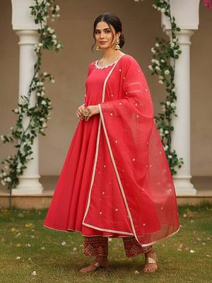 women pink silk blend solid embroidered anarkali kurta palazzos with dupatta 3