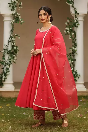 women pink silk blend solid embroidered anarkali kurta palazzos with dupatta
