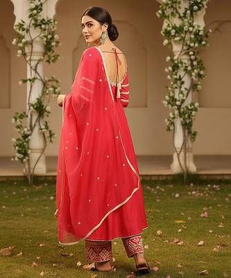 women pink silk blend solid embroidered anarkali kurta palazzos with dupatta 4