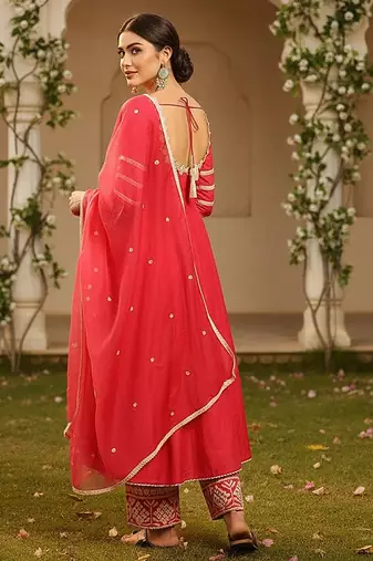 women pink silk blend solid embroidered anarkali kurta palazzos with dupatta
