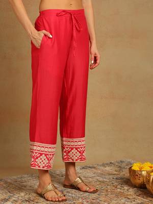women pink silk blend solid embroidered anarkali kurta palazzos with dupatta 5