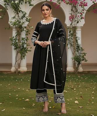 women black silk blend solid embroidered anarkali kurta palazzos with dupatta 1