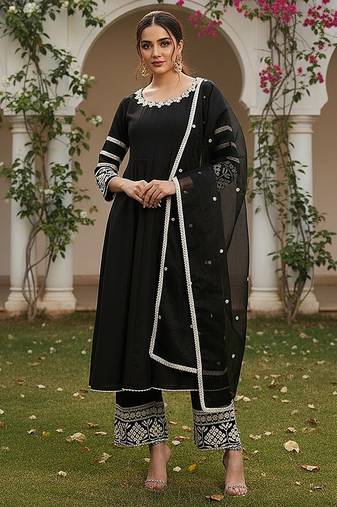 women black silk blend solid embroidered anarkali kurta palazzos with dupatta