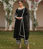 women black silk blend solid embroidered anarkali kurta palazzos with dupatta