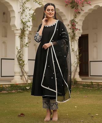 women black silk blend solid embroidered anarkali kurta palazzos with dupatta 2