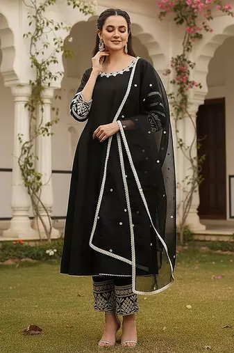 women black silk blend solid embroidered anarkali kurta palazzos with dupatta