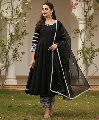 women black silk blend solid embroidered anarkali kurta palazzos with dupatta 3