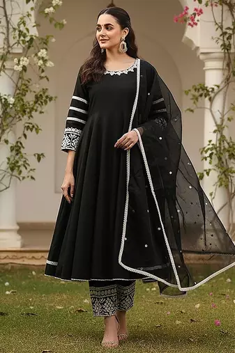 women black silk blend solid embroidered anarkali kurta palazzos with dupatta