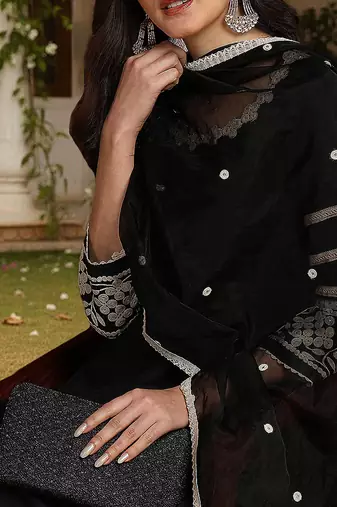women black silk blend solid embroidered anarkali kurta palazzos with dupatta