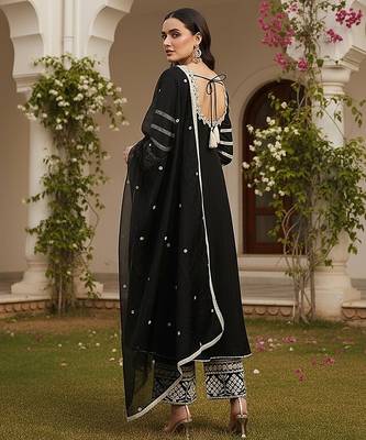 women black silk blend solid embroidered anarkali kurta palazzos with dupatta 5