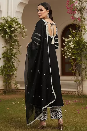 women black silk blend solid embroidered anarkali kurta palazzos with dupatta
