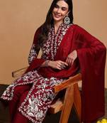 Maroon Plus Size Kurta Set with White Floral Embroidery