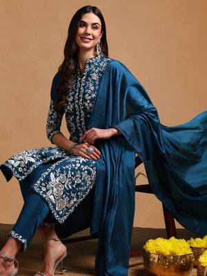 Teal Polyester Threadwork Salwar Kameez Set 1