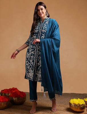 Teal Polyester Threadwork Salwar Kameez Set 2