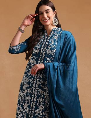 Teal Polyester Threadwork Salwar Kameez Set 3