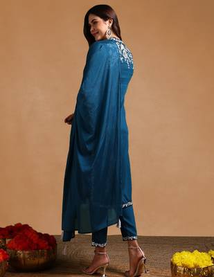 Teal Polyester Threadwork Salwar Kameez Set 4