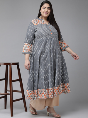 Women'S Plus Size Ikat Printed Anarkali Kurti (Grey) 4