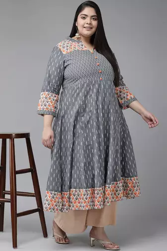 Women'S Plus Size Ikat Printed Anarkali Kurti (Grey)