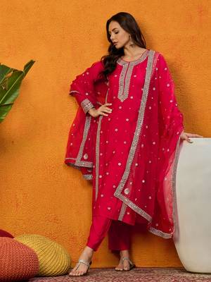women red silk blend solid embroidered straight kurta trousers with dupatta 1