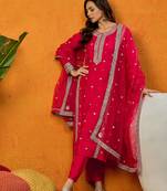 women red silk blend solid embroidered straight kurta trousers with dupatta