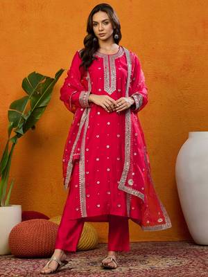 women red silk blend solid embroidered straight kurta trousers with dupatta 2
