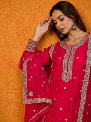 women red silk blend solid embroidered straight kurta trousers with dupatta 3
