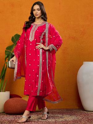women red silk blend solid embroidered straight kurta trousers with dupatta 4