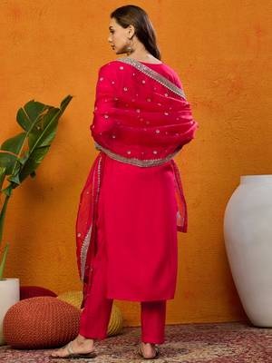 women red silk blend solid embroidered straight kurta trousers with dupatta 5