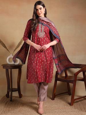 women maroon silk blend floral embroidered straight kurta trousers with dupatta 1