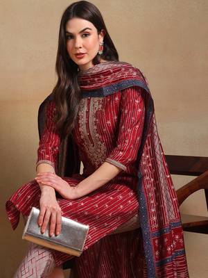 women maroon silk blend floral embroidered straight kurta trousers with dupatta 2