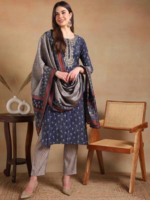 women navy blue silk blend floral embroidered straight kurta trousers with dupatta 1