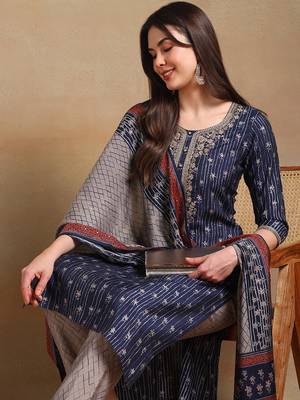 women navy blue silk blend floral embroidered straight kurta trousers with dupatta 2