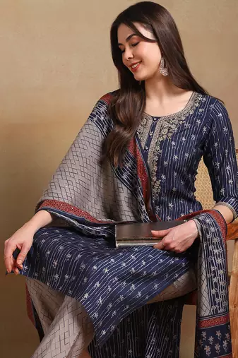 women navy blue silk blend floral embroidered straight kurta trousers with dupatta