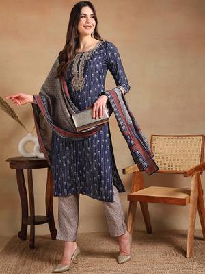 women navy blue silk blend floral embroidered straight kurta trousers with dupatta 3