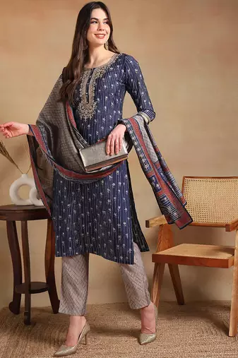 women navy blue silk blend floral embroidered straight kurta trousers with dupatta