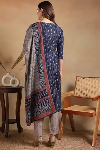 women navy blue silk blend floral embroidered straight kurta trousers with dupatta