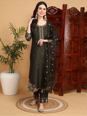 women olive silk blend floral embroidered straight kurta trousers with dupatta 1