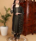 women olive silk blend floral embroidered straight kurta trousers with dupatta