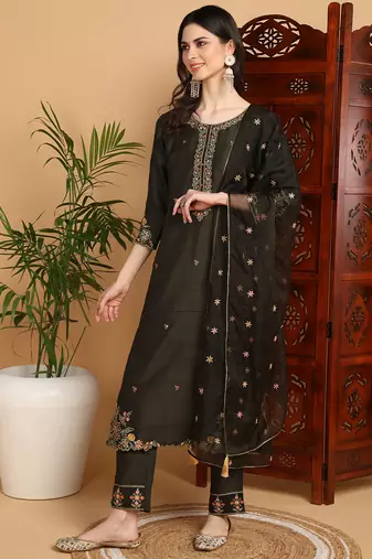 women olive silk blend floral embroidered straight kurta trousers with dupatta