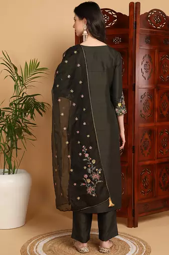 women olive silk blend floral embroidered straight kurta trousers with dupatta