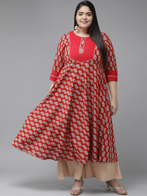Women'S Plus Size Floral Printed Anarkali Kurti (Maroon) 1